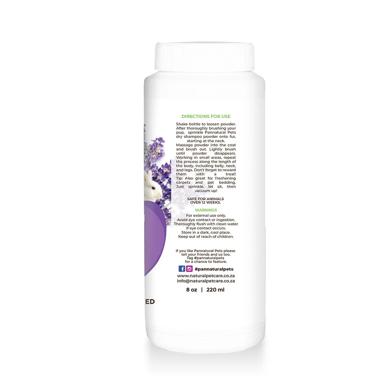 Lavender-scented pet powder in a white bottle with usage directions and safety warnings.