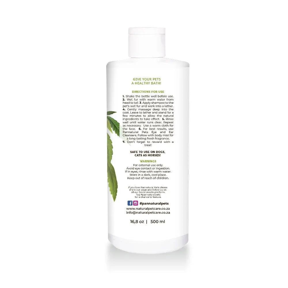 Pet shampoo bottle with natural ingredients and usage instructions for a healthy bath.