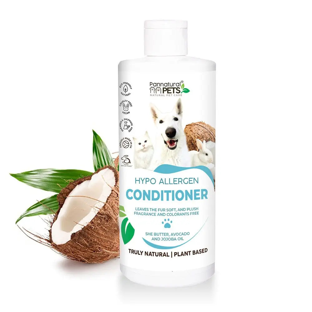 Hypoallergenic pet conditioner with shea butter, avocado, and jojoba oil for soft, fragrance-free fur.