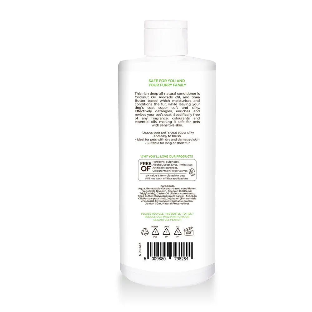 Natural pet conditioner bottle with ingredients and usage instructions for healthy, shiny fur.