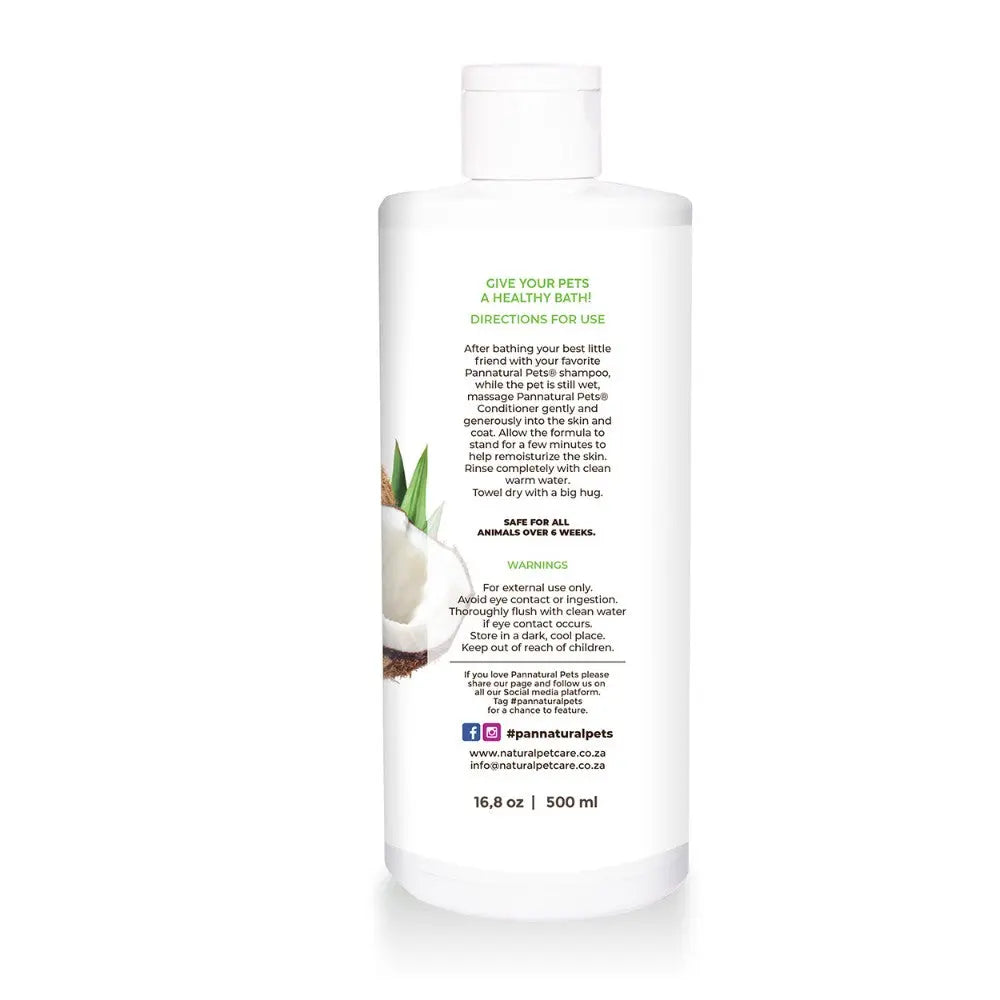 Natural pet shampoo bottle with usage directions and ingredients for healthy bathing.