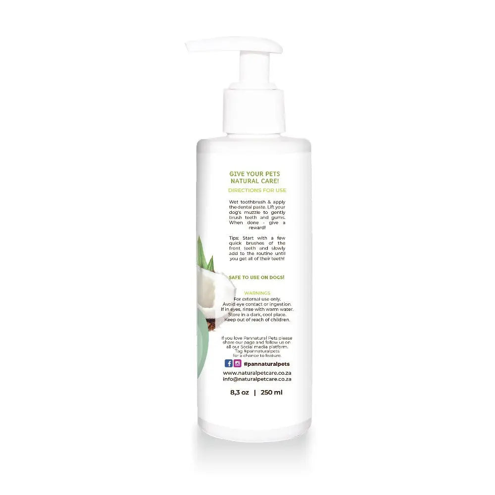 Natural pet care lotion with coconut extract for healthy skin and coat, 250ml bottle.