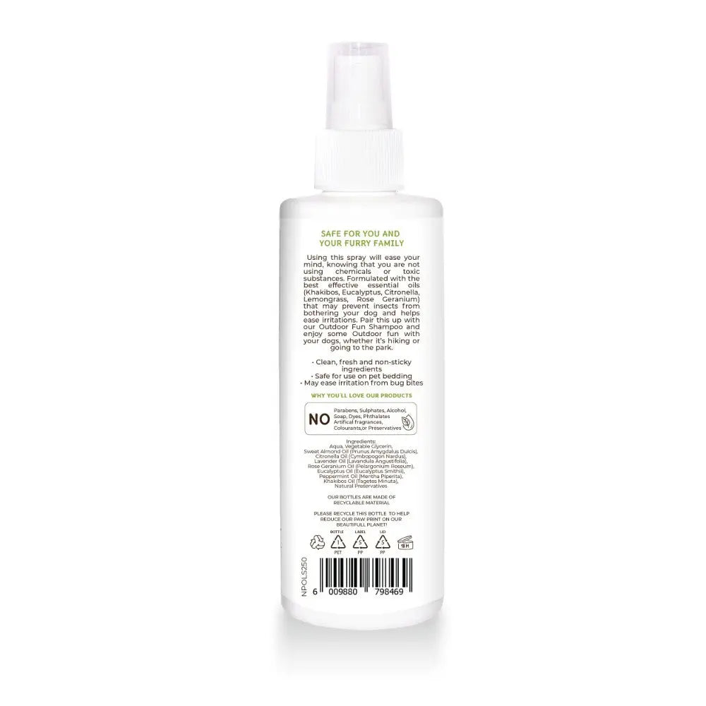 Back view of a pet-safe spray bottle with clear instructions and ingredients for safe use.