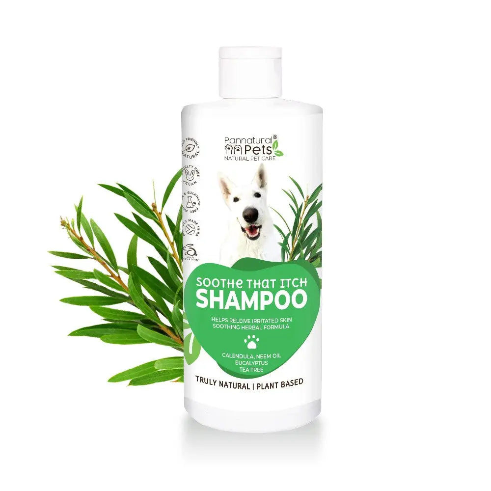 Natural pet shampoo for itchy skin, featuring soothing herbal ingredients and a plant-based formula.