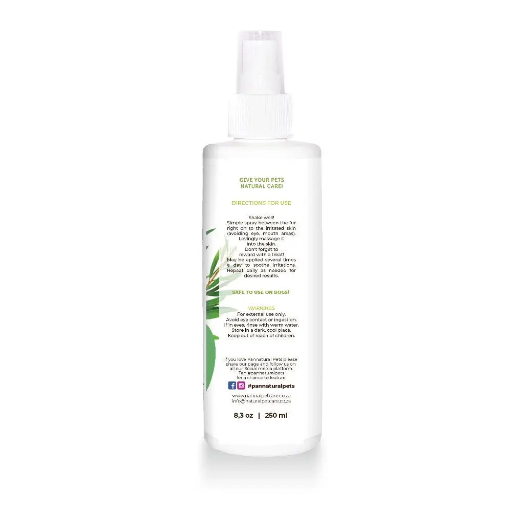 Natural pet care spray with clear usage instructions and a refreshing botanical design.