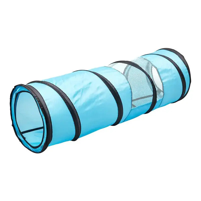 Blue pet tunnel with mesh openings for interactive play and exploration.