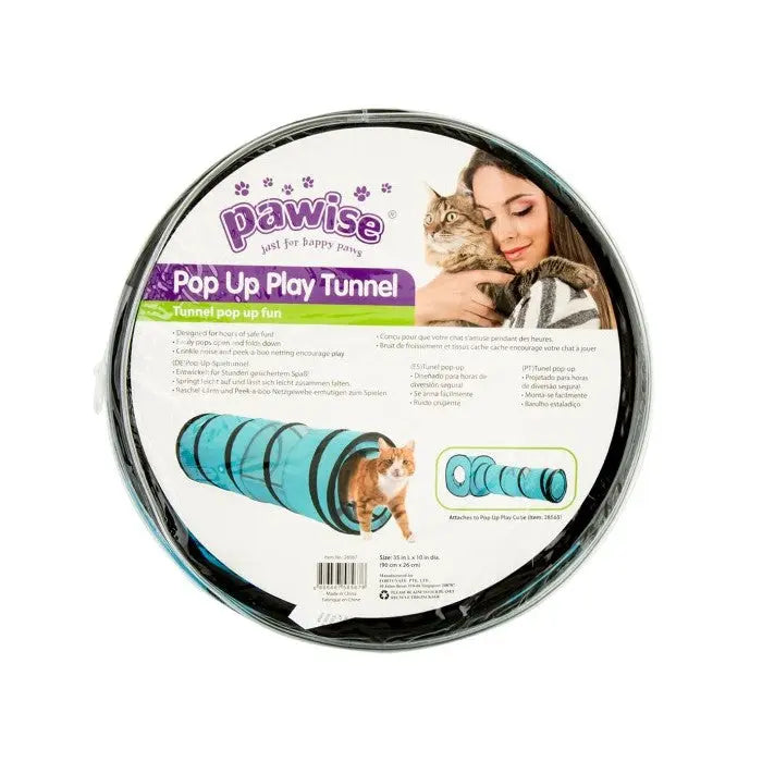 Pop-up play tunnel for cats, featuring a fun design and easy storage for interactive playtime.