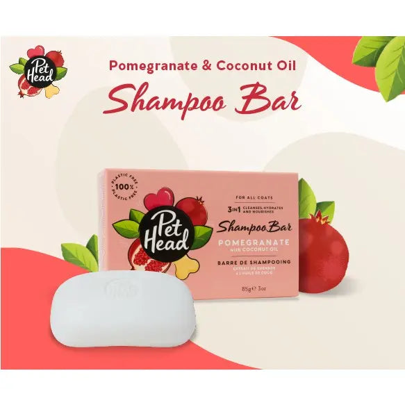 Pet Head Pomegranate & Coconut Oil Shampoo Bar for all coat types, featuring vibrant packaging and natural ingredients.