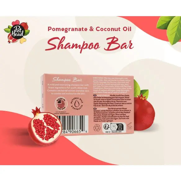 Pomegranate and coconut oil shampoo bar for pets, featuring natural ingredients and eco-friendly packaging.
