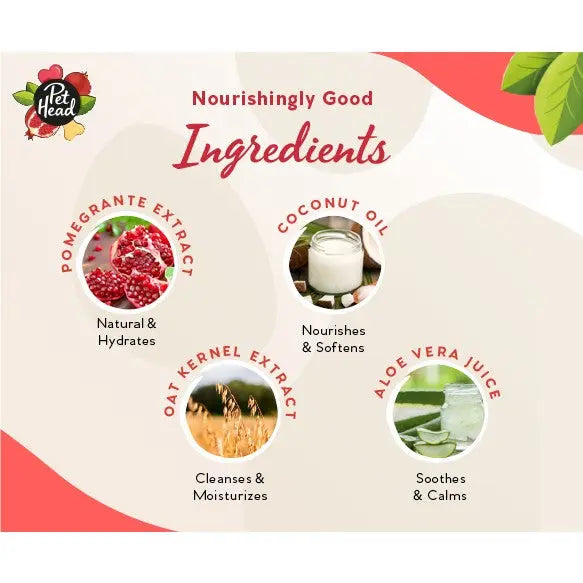 Nourishing ingredients: pomegranate extract, coconut oil, oat kernel extract, and aloe vera juice for pet care.