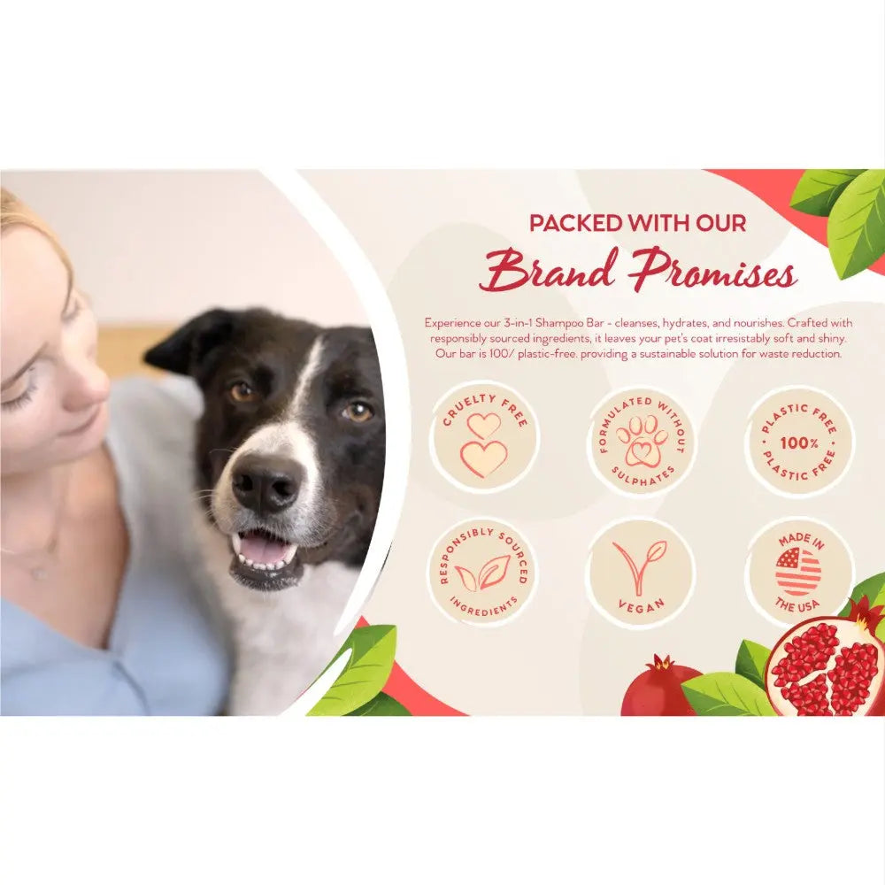 Dog shampoo bar packaging highlighting cruelty-free, vegan, and sustainable ingredients for pet care.