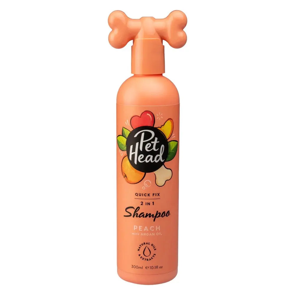 Pet Head 2-in-1 Peach Shampoo for dogs, featuring a fun bone-shaped cap and vibrant packaging.