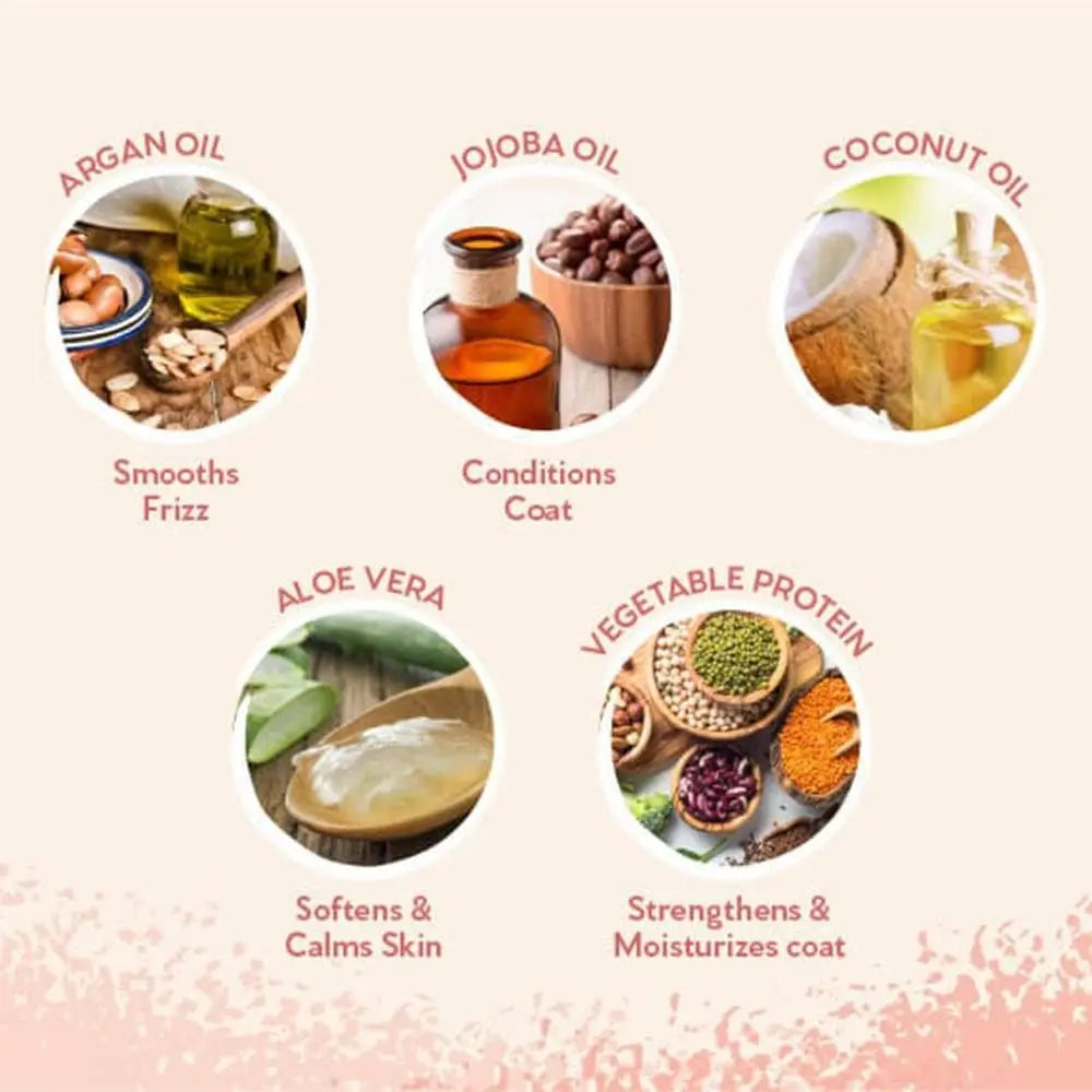 Natural oils and ingredients for hair and skin care: argan, jojoba, coconut, aloe vera, and vegetable protein.