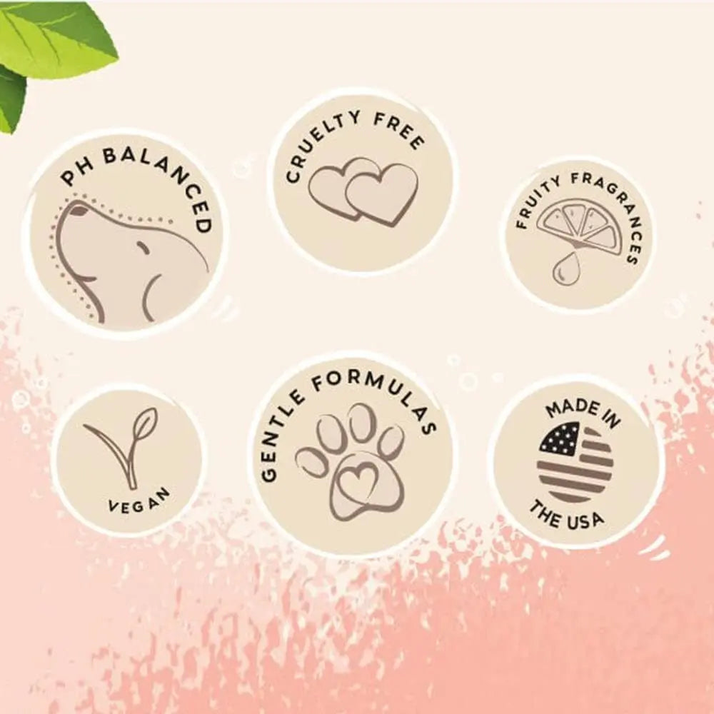 Infographic showcasing pet product features: pH balanced, cruelty-free, vegan, gentle formulas, fruity fragrances, made in the USA.