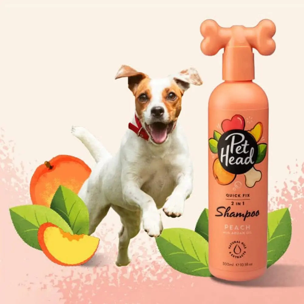 Pet Head 2-in-1 Peach Shampoo for dogs, featuring a playful puppy and vibrant fruit graphics.
