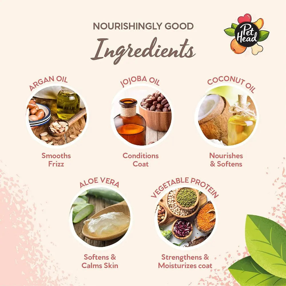 Nourishing ingredients for pet care: argan oil, jojoba oil, coconut oil, aloe vera, and vegetable protein.