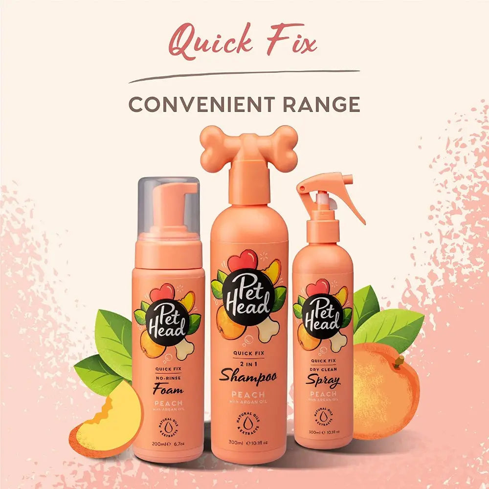 Pet Head Quick Fix range featuring peach-scented foam, shampoo, and spray for pet grooming.