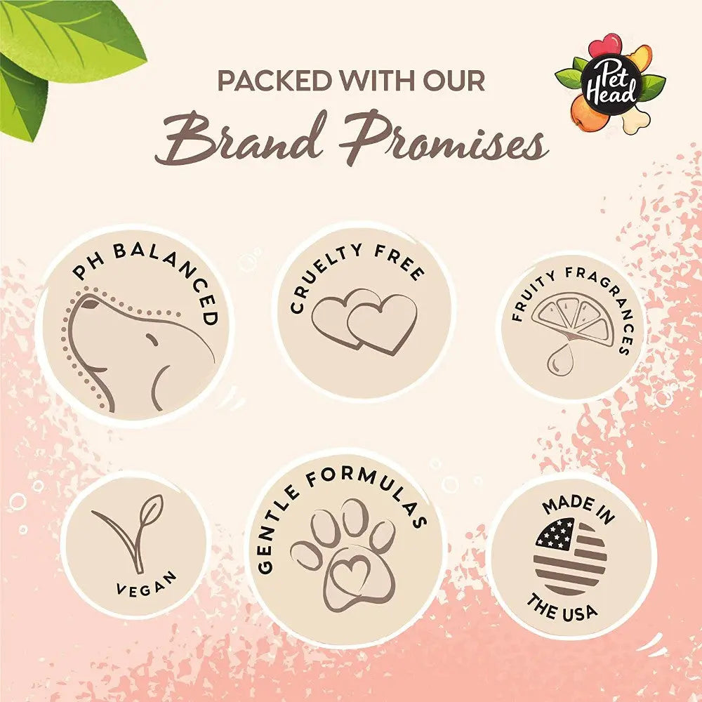 Infographic showcasing Pet Head's brand promises: pH balanced, cruelty-free, vegan, and made in the USA.