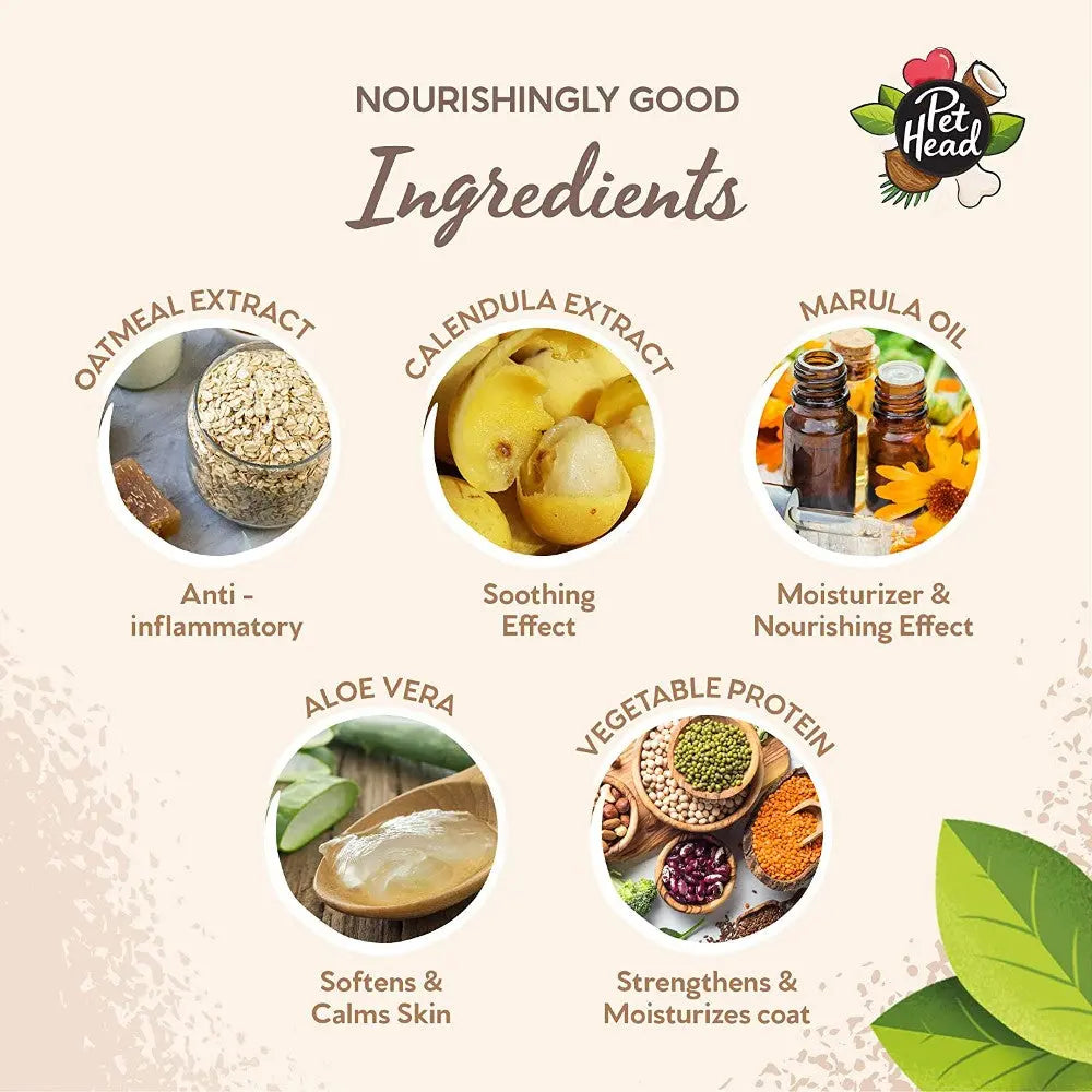 Nourishing ingredients: oatmeal extract, calendula, marula oil, aloe vera, and vegetable protein for skin health.
