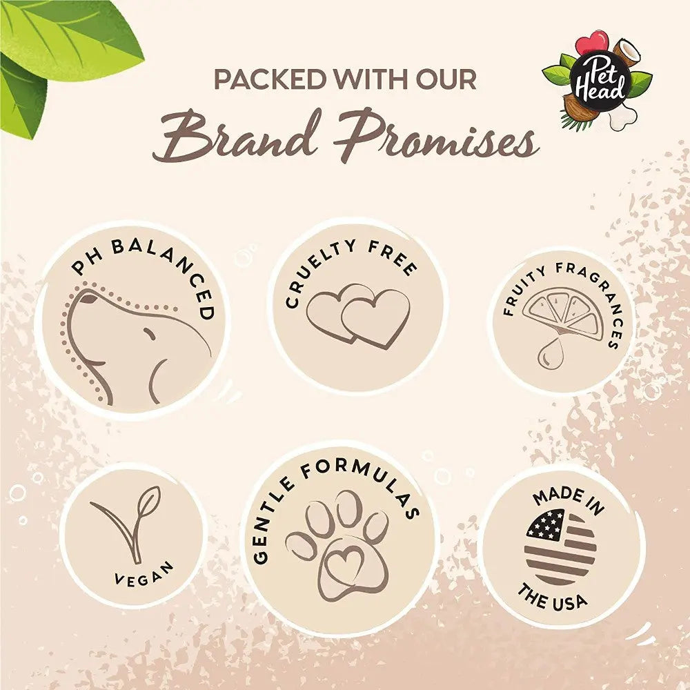 Infographic showcasing Pet Head's brand promises: pH balanced, cruelty-free, vegan, and made in the USA.