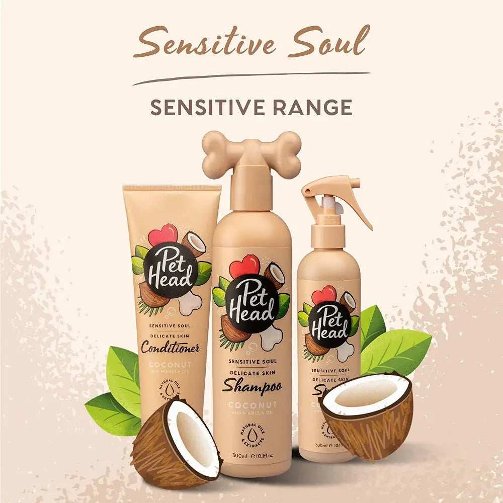 Pet Head Sensitive Soul shampoo and conditioner for delicate skin, featuring coconut and a playful design.