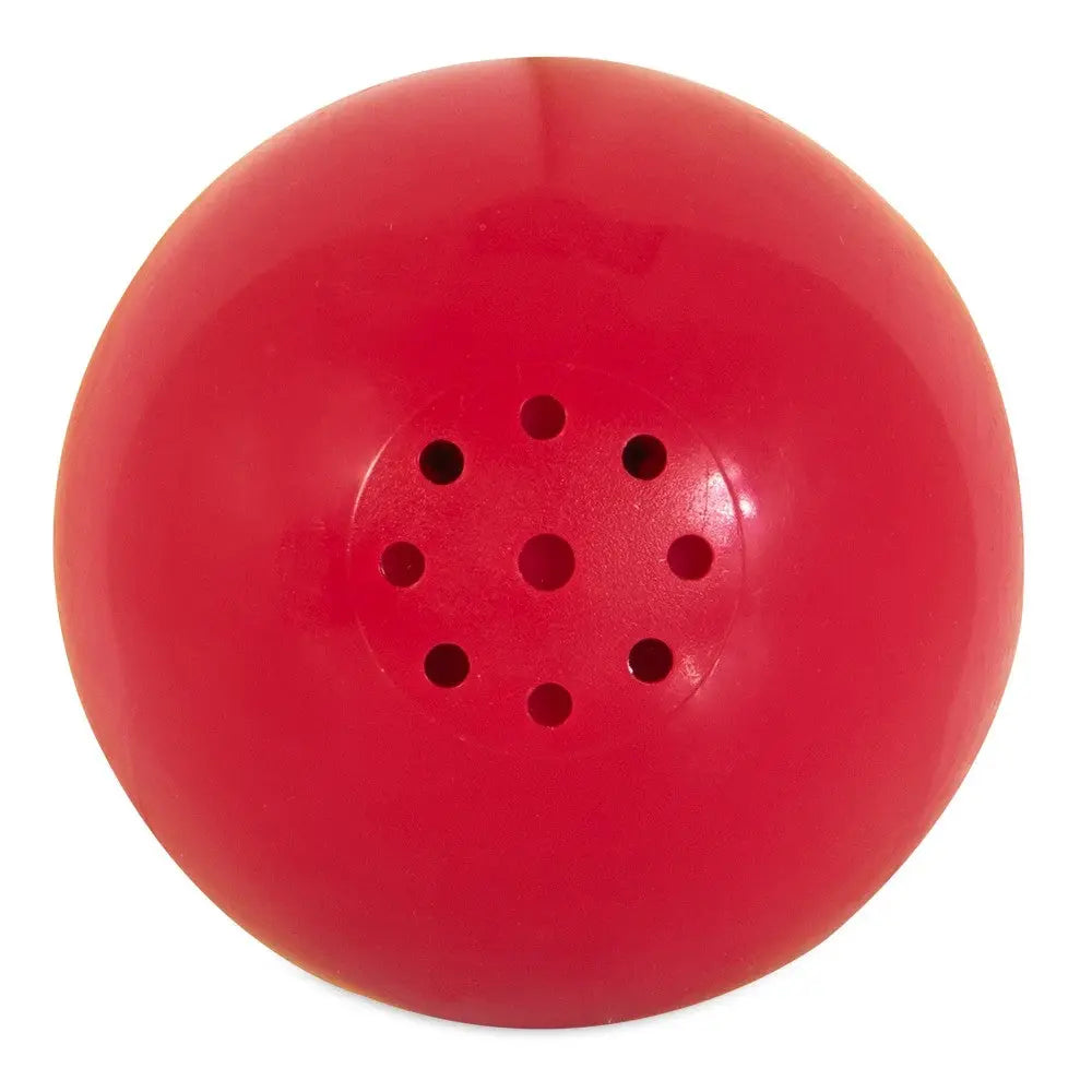 Red dog toy ball with multiple holes for interactive play and treat dispensing.