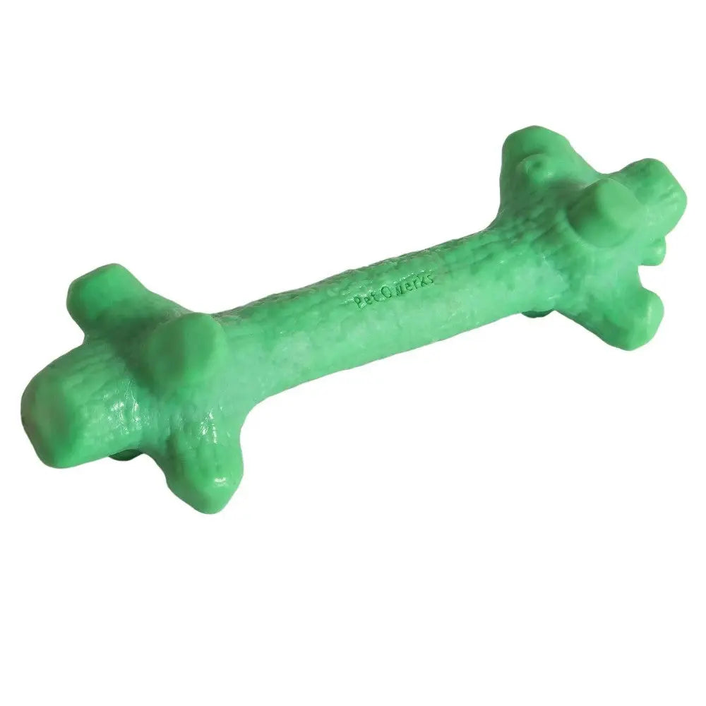 Green dog chew toy shaped like a bone, designed for dental health and playtime fun.