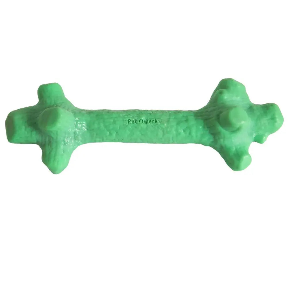 Green dog chew toy shaped like a bone, designed for playful chewing and dental health.