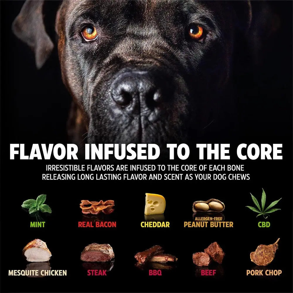 Flavor-infused dog bones featuring mint, bacon, cheddar, and more for long-lasting enjoyment.