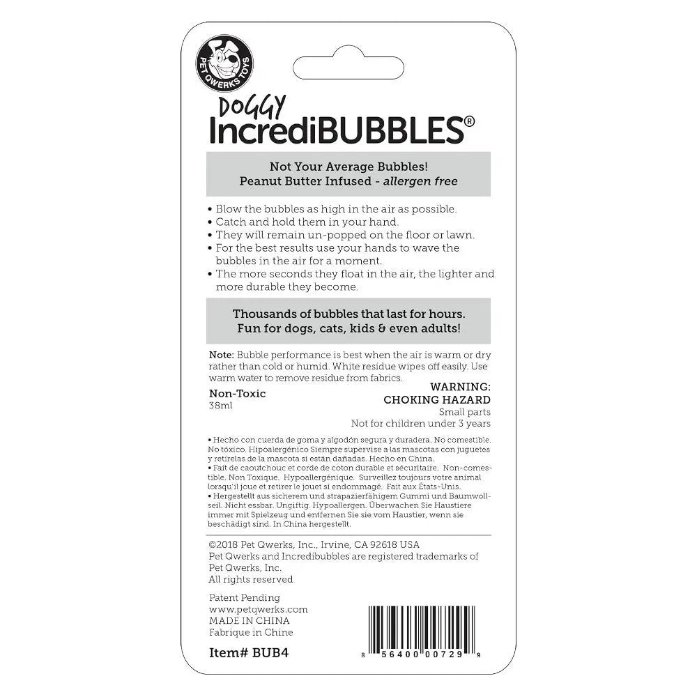 Doggy IncrediBubbles packaging, featuring peanut butter infusion and safety warnings for pets and kids.