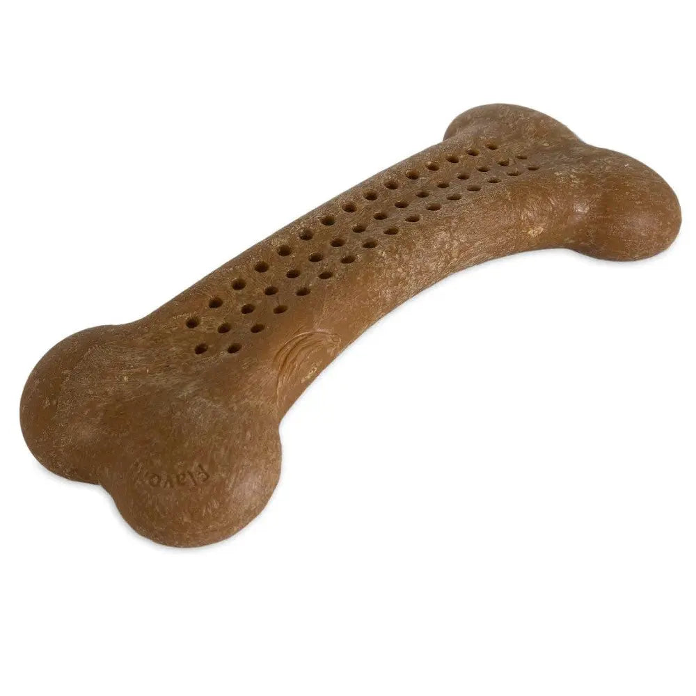 Dog chew toy shaped like a bone, designed for dental health and long-lasting play.