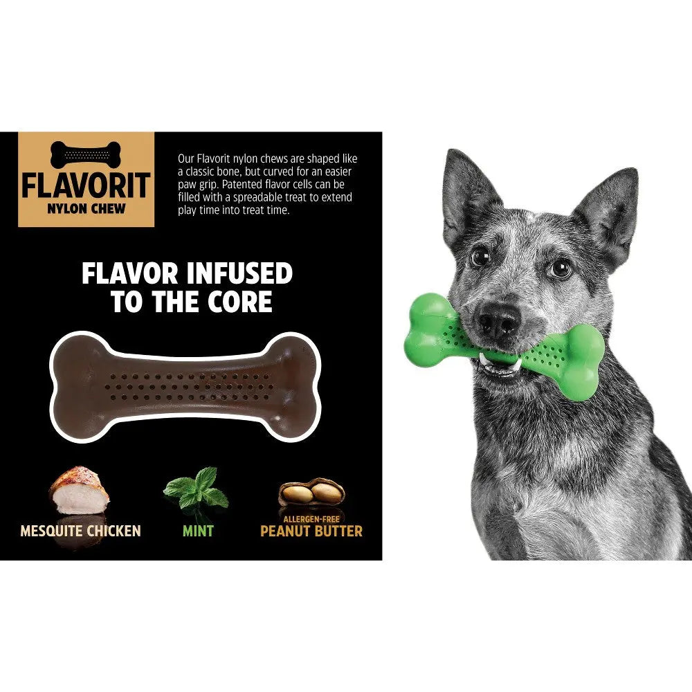 Flavor-infused nylon chew for dogs, featuring mesquite chicken, mint, and peanut butter options.
