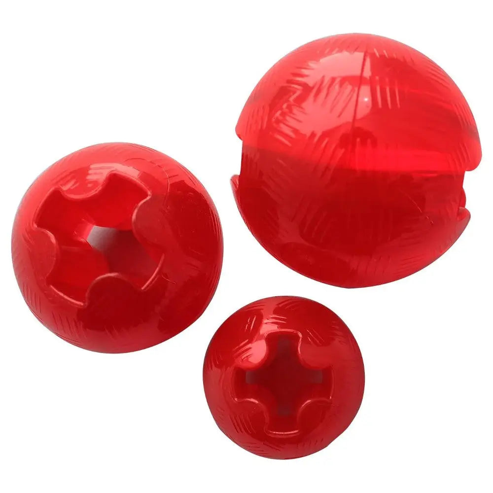 Red interactive pet toys in various sizes for engaging play and mental stimulation.