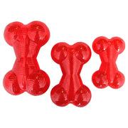 Red dog chew toys in three sizes, perfect for keeping pets entertained and promoting dental health.