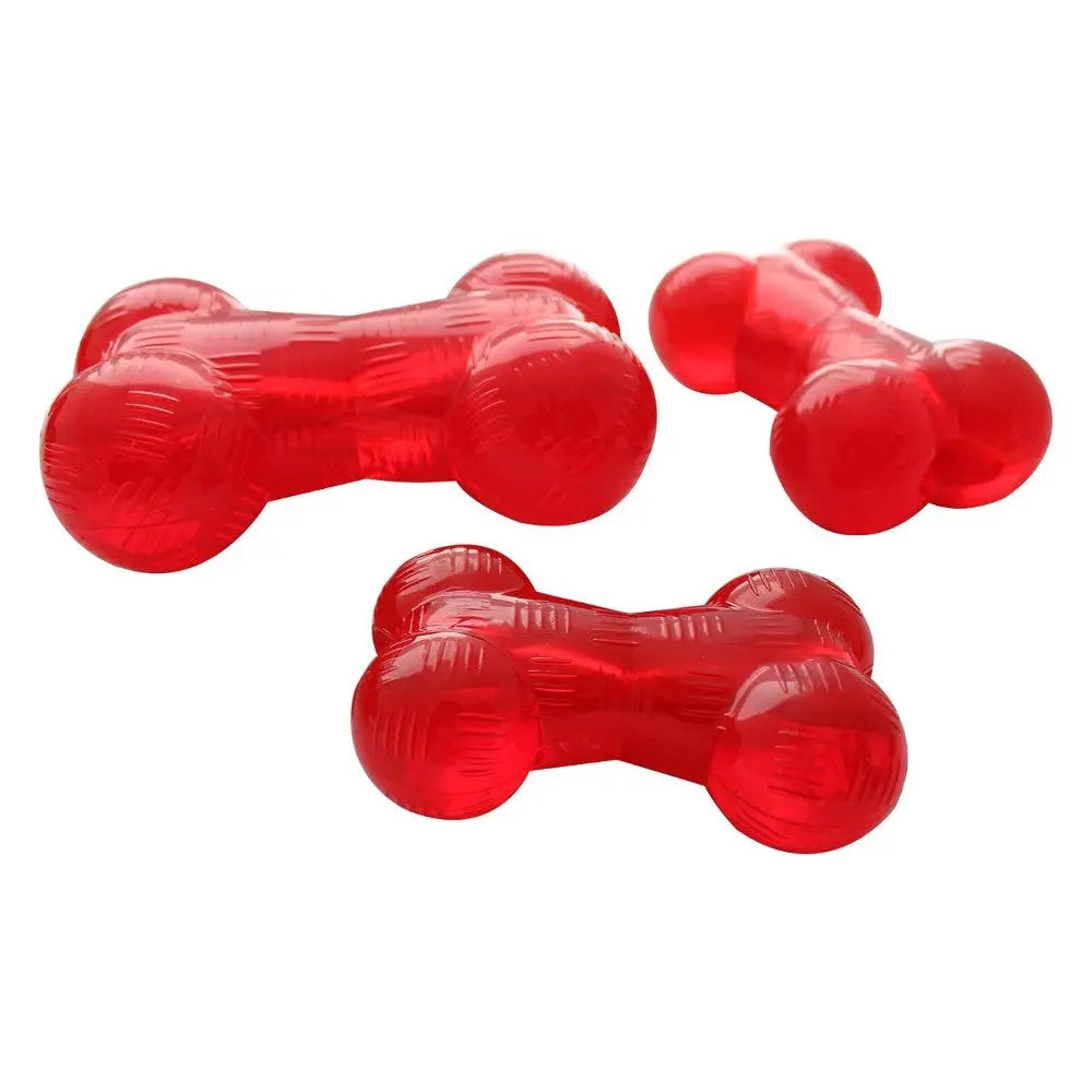 Red rubber dog toys in various sizes, perfect for playtime and chewing.