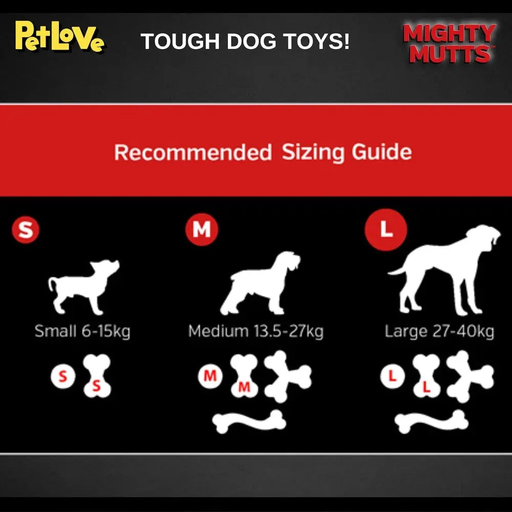 Sizing guide for tough dog toys, featuring small, medium, and large weight categories.