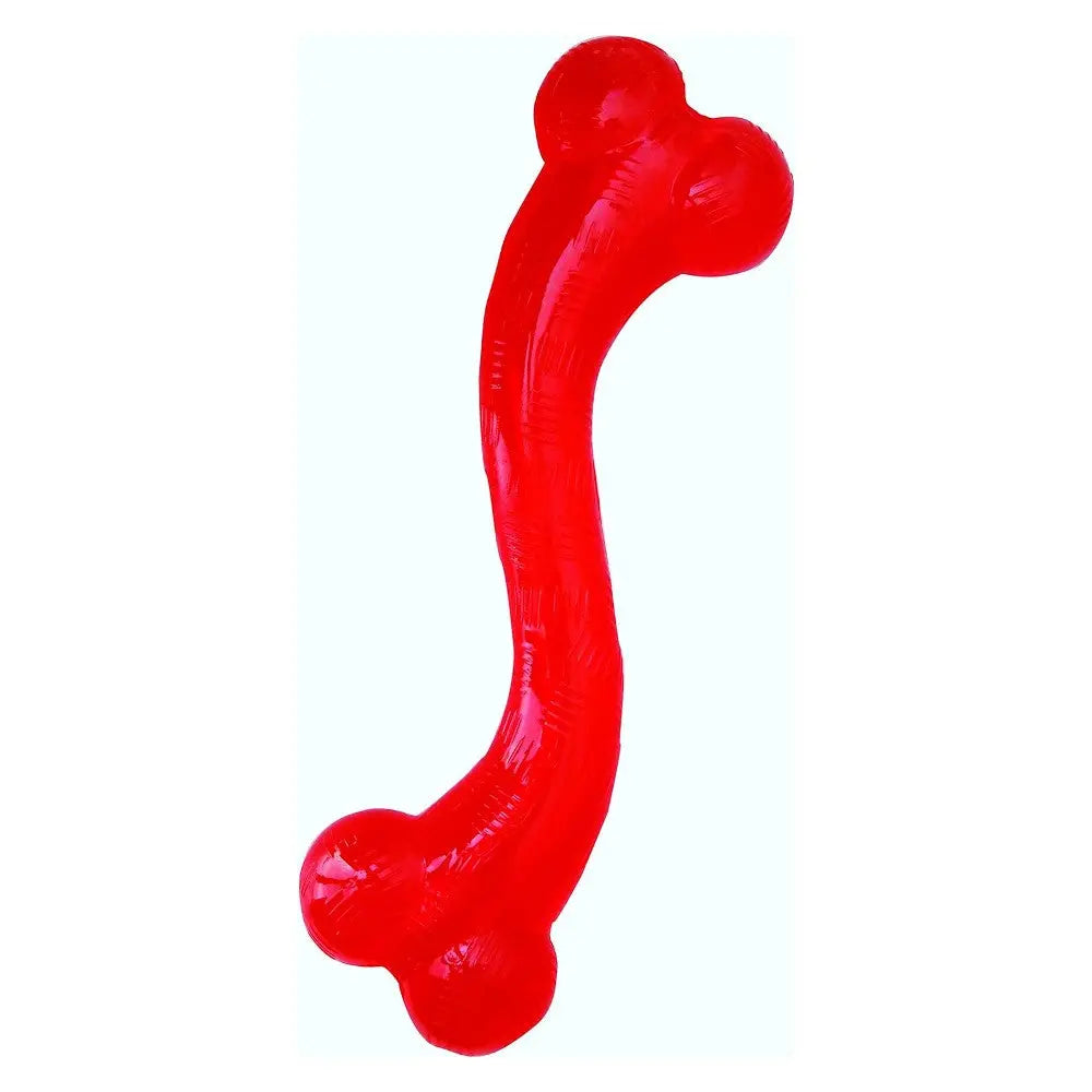 Red rubber dog toy shaped like a bone, perfect for chewing and playtime.