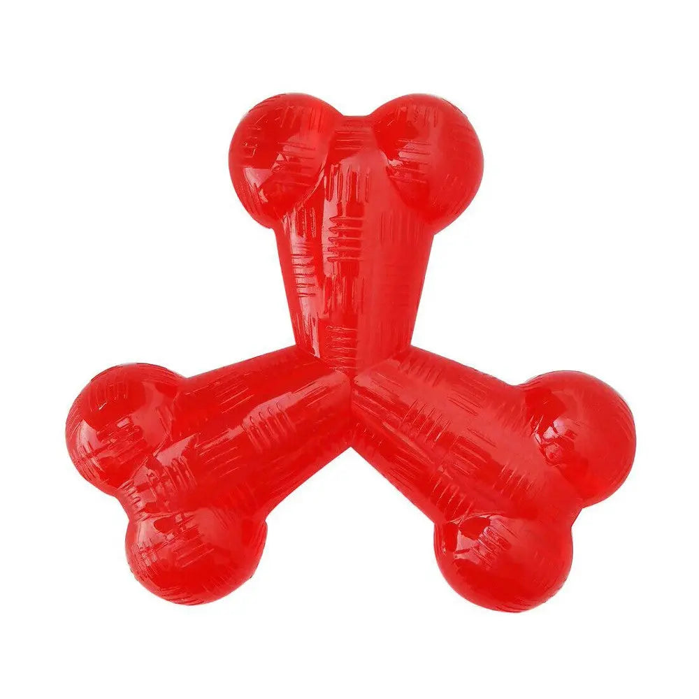 Red dog chew toy shaped like a bone, perfect for keeping pets entertained and promoting dental health.