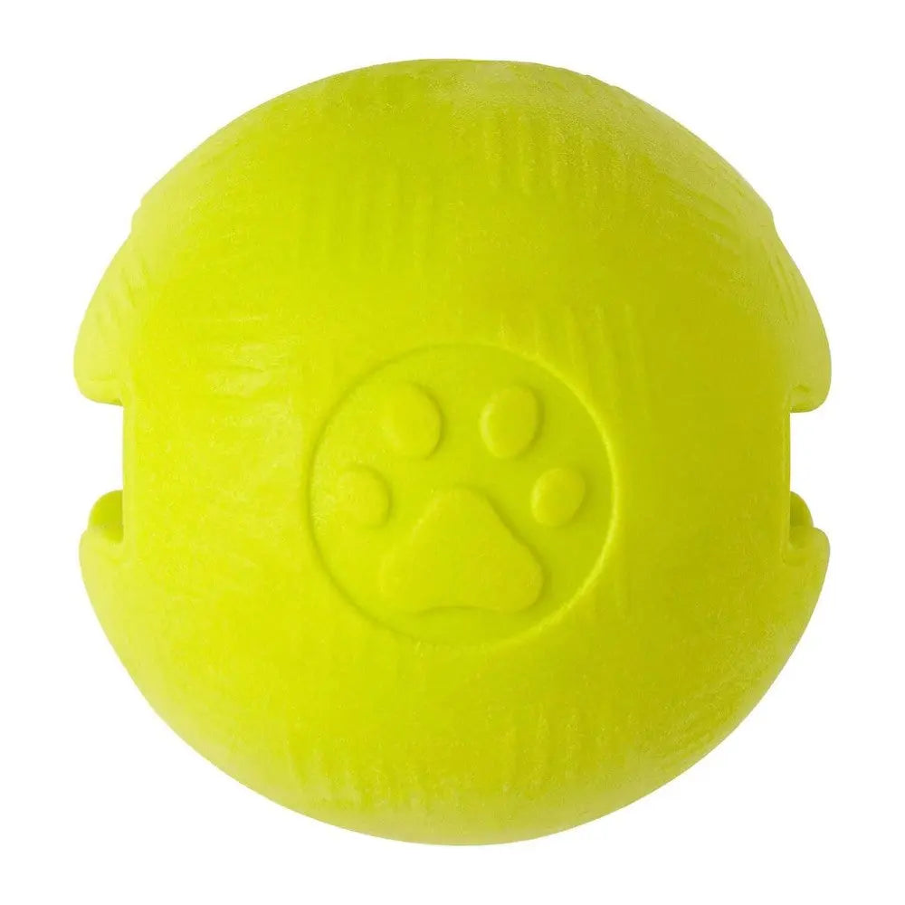 Bright yellow dog toy ball with paw print design for fun and interactive playtime.