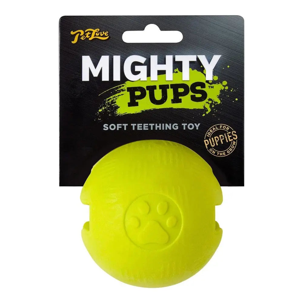Mighty Pups soft teething toy for puppies, bright yellow ball with paw print design.