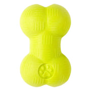 Bright yellow dog toy shaped like a bone, perfect for playtime and chewing.