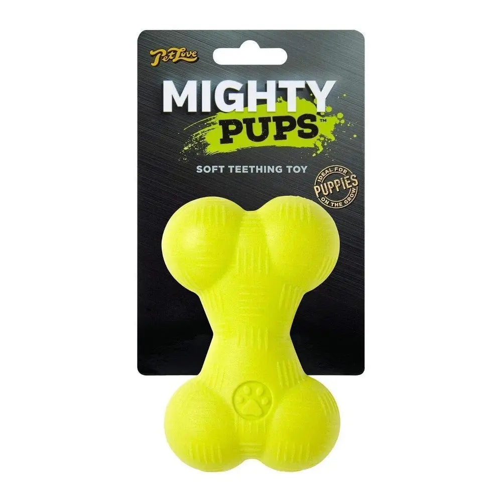 Mighty Pups soft teething toy for puppies, bright yellow bone shape, perfect for playful chewing.