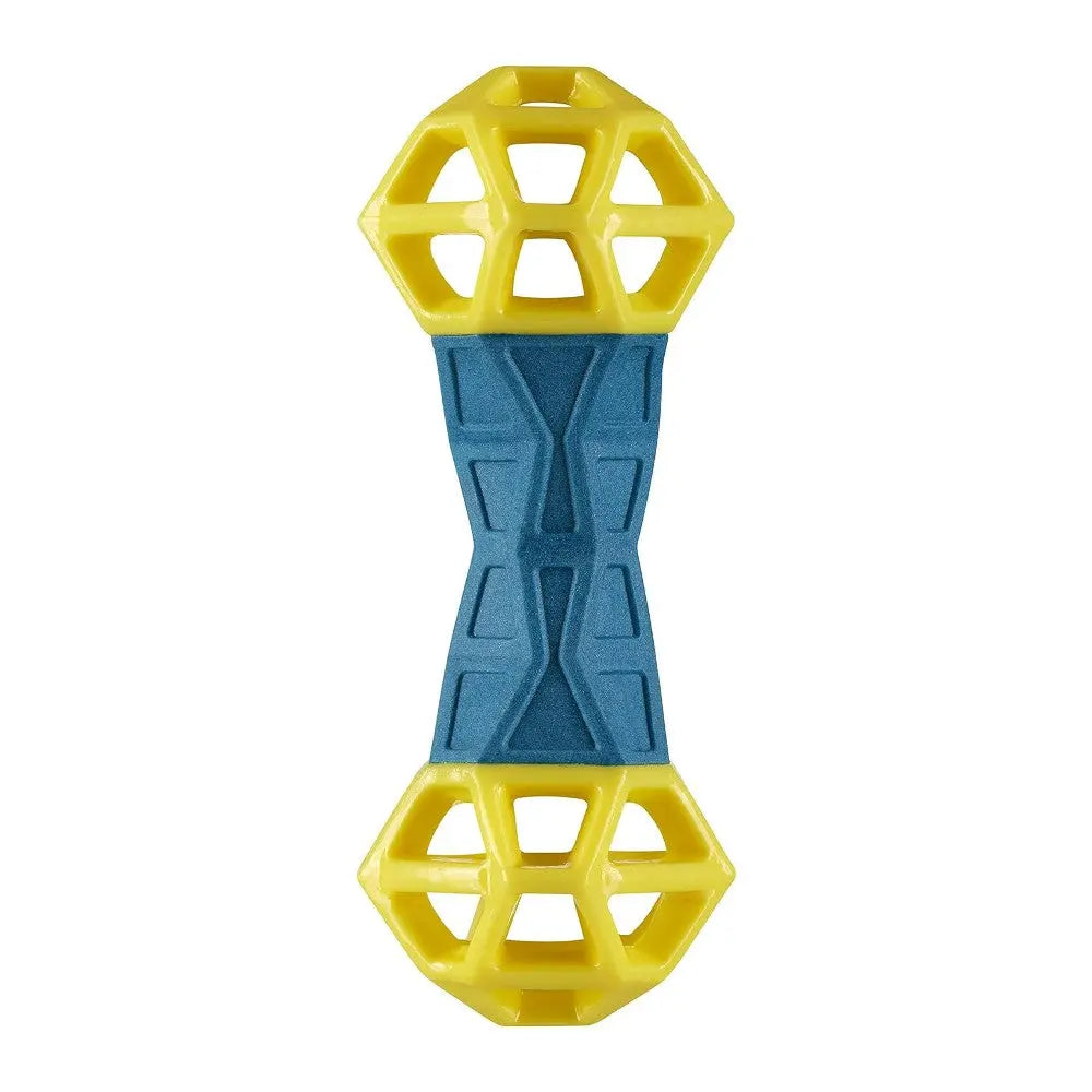 Durable dog toy in yellow and blue, designed for chewing and interactive play.