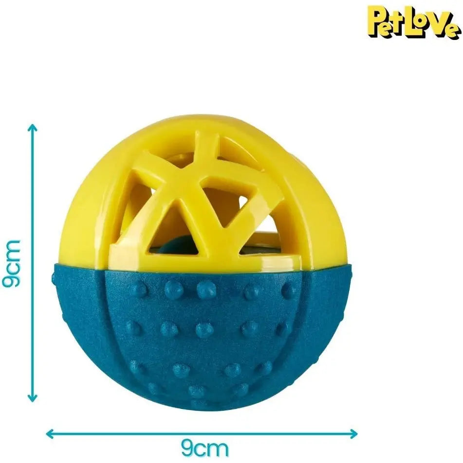Colorful dog toy ball with textured surface for interactive play and chewing.