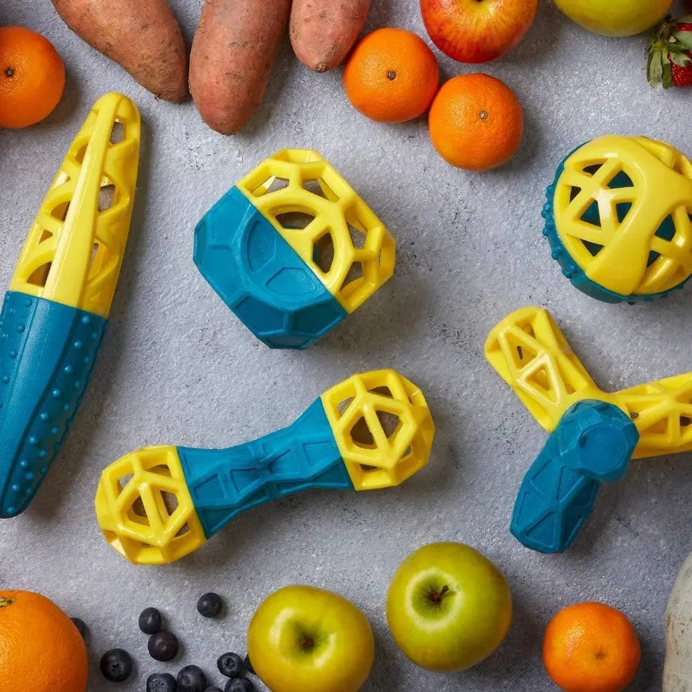 Colorful fruit and vegetable toys for babies, promoting sensory play and motor skills development.