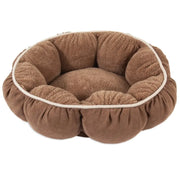 Cozy brown pet bed with plush fabric and a round, cushioned design for ultimate comfort.