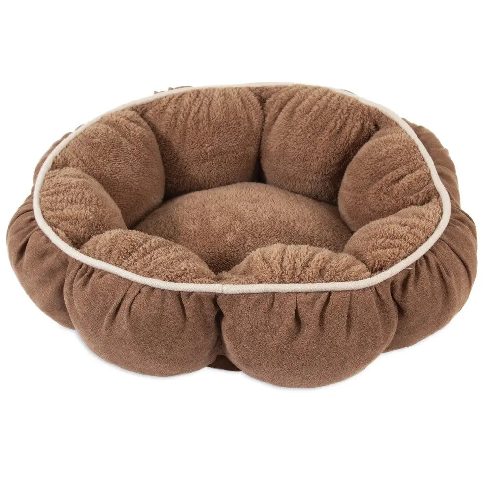Cozy brown pet bed with plush fabric and a round, cushioned design for ultimate comfort.