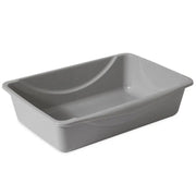 Gray plastic storage bin with a smooth surface and ergonomic handles for easy carrying.