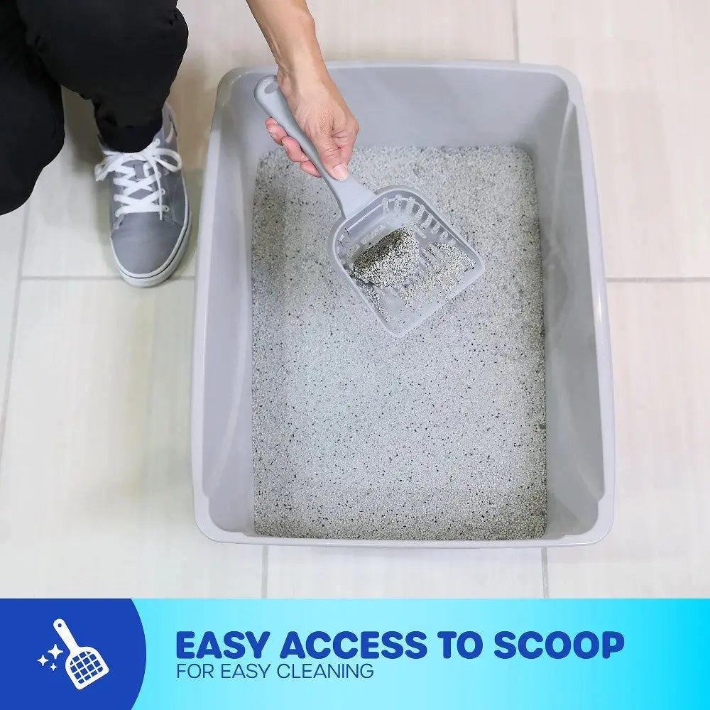 Cat litter box with scoop for easy cleaning and access to litter.