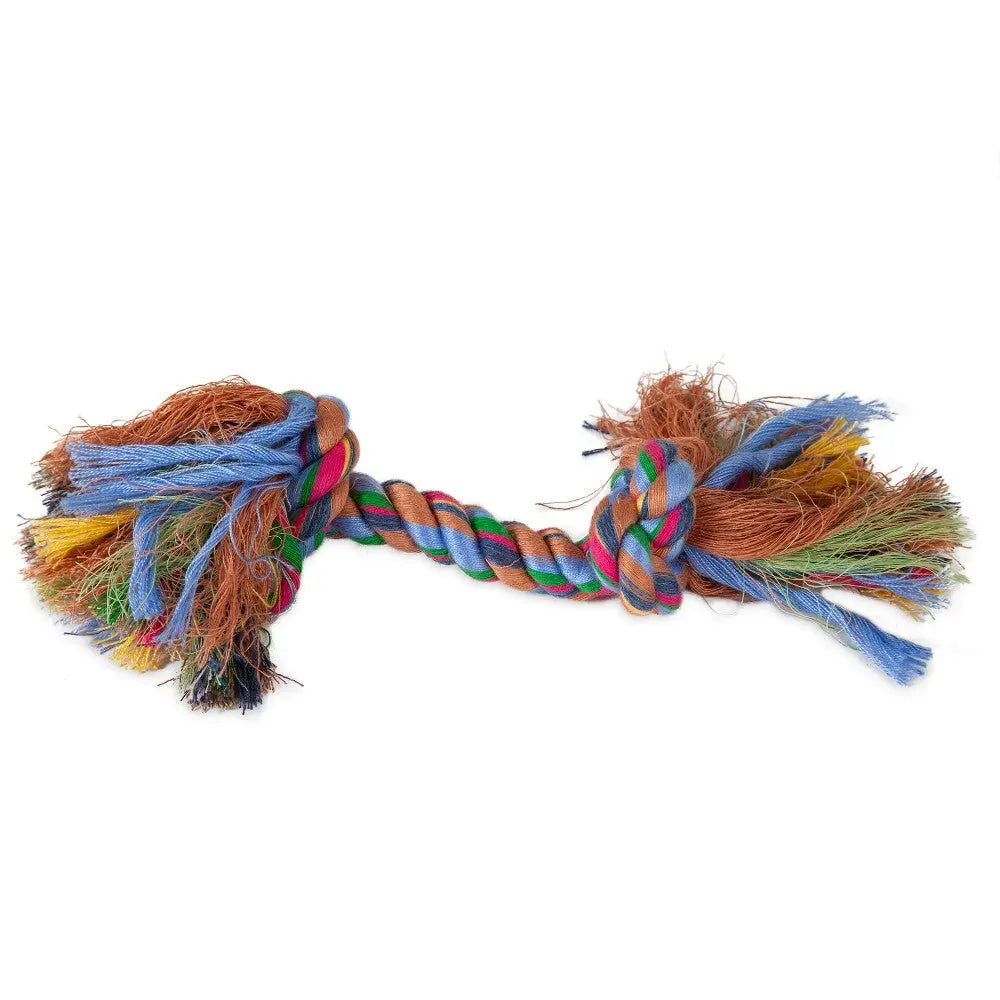 Colorful dog rope toy for chewing and tugging, promoting dental health and playtime fun.